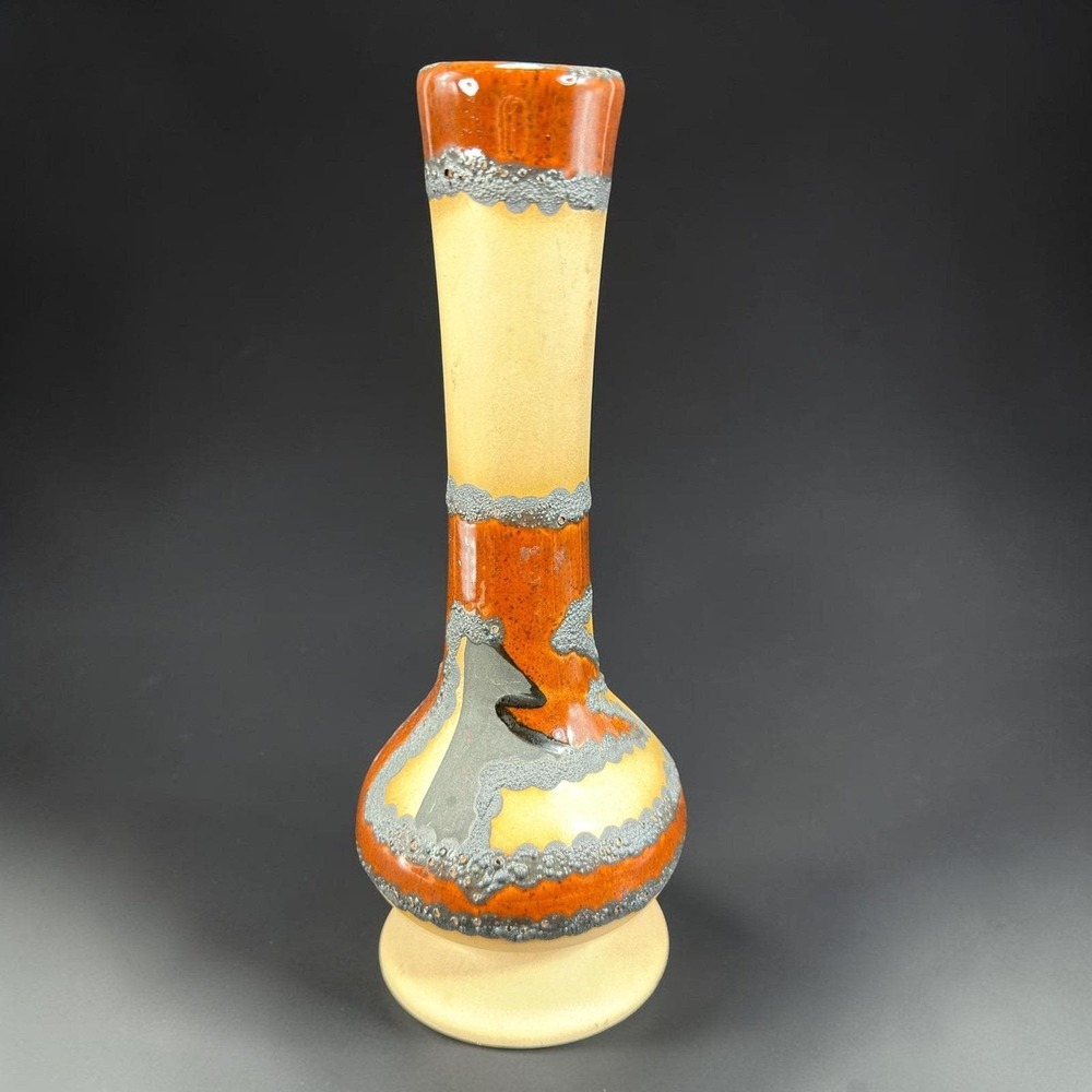 Windi AZ 18 Signed Studio Pottery Bud Vase Orange Grey Lava Glaze 8 Inch Vessel